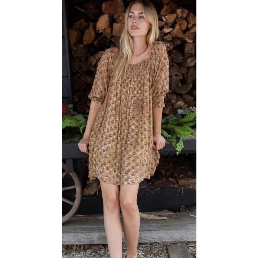 Marea Meg Puff 3/4 Sleeve Dress •S• Tinsel Lille Print Smocked Peasant Boho